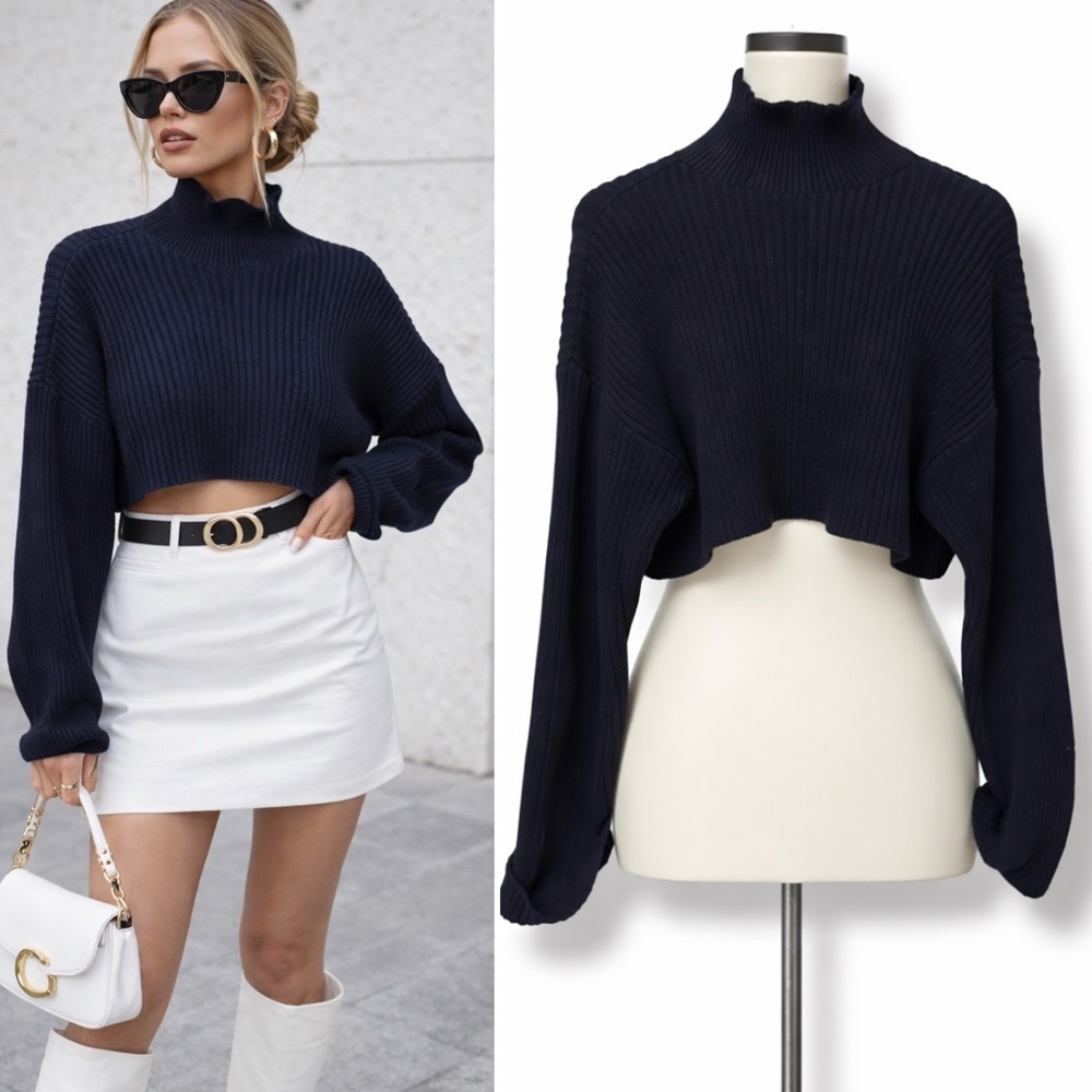 ZARA | NWOT Turkey Dark Navy Cropped Ribbed Turtleneck Oversized Sweater (S/M)